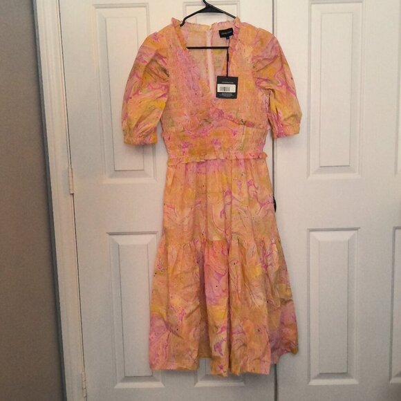 Brand New w/Tags – Jessie Zhao “Astrid Marble” Smocked Midi Dress – Size 2 - Picture 3 of 4